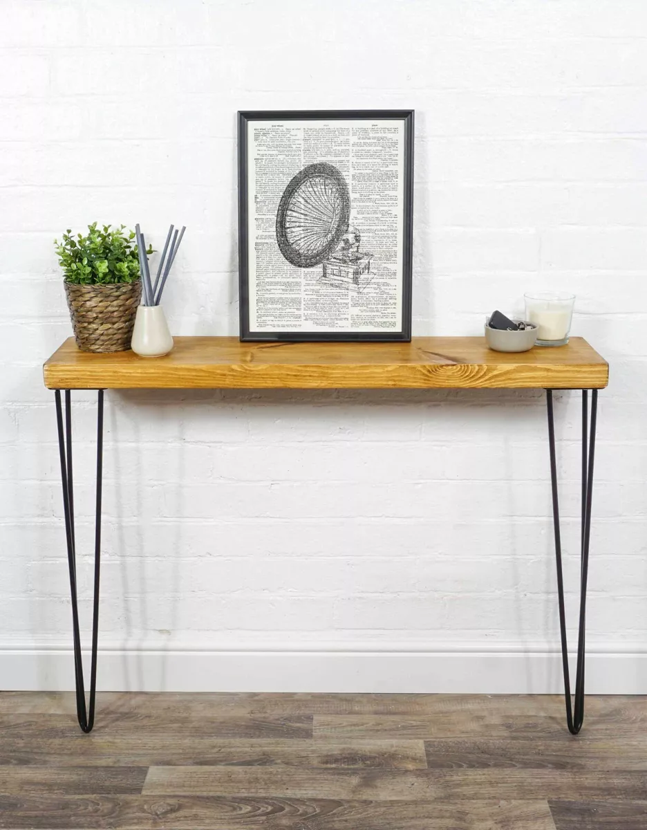 Coffee Side Table Console Solid Wood With Metal Black Steel Legs