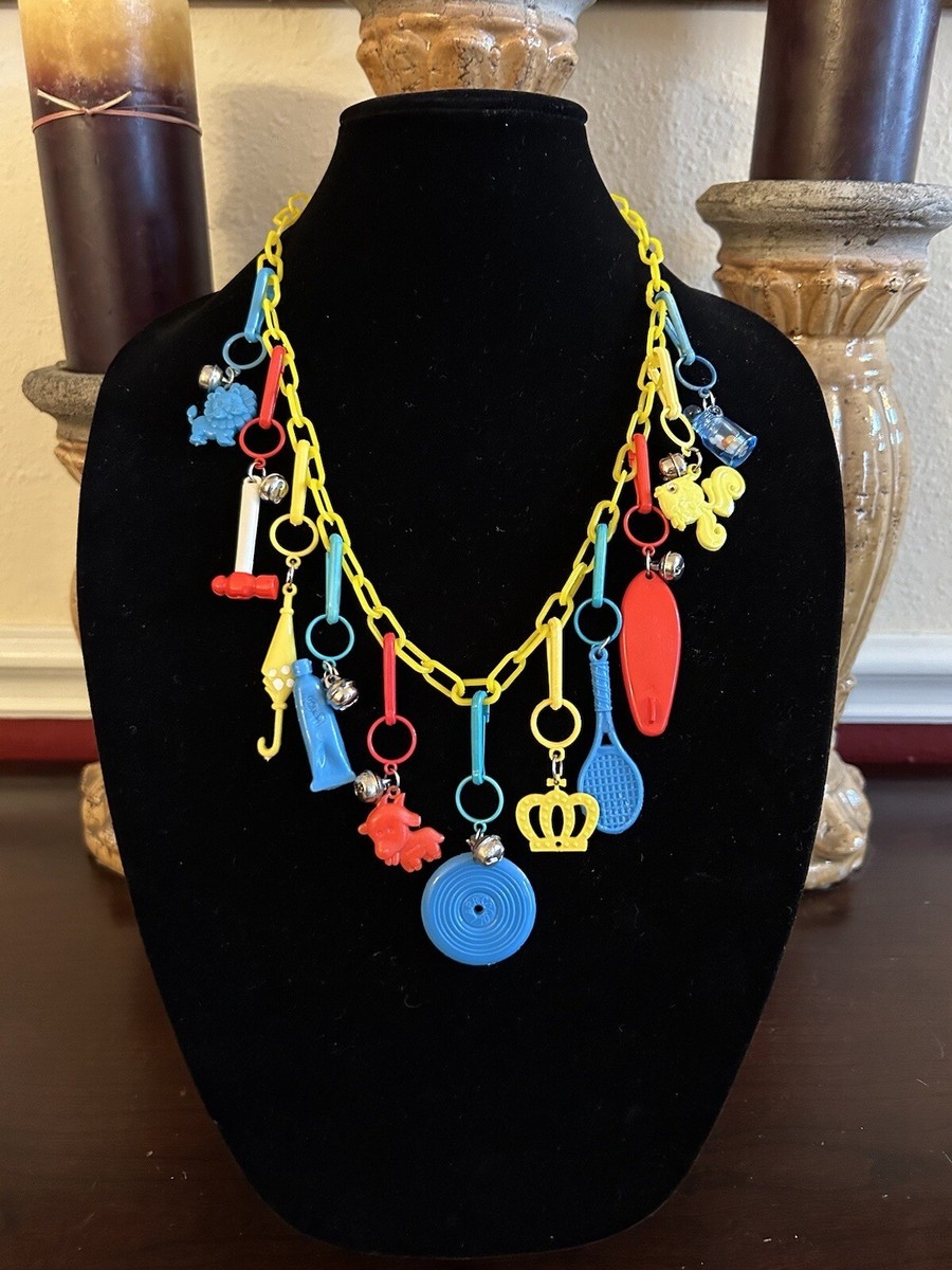 Vintage 80s Plastic Bell Charm Necklace (Yellow Chain)