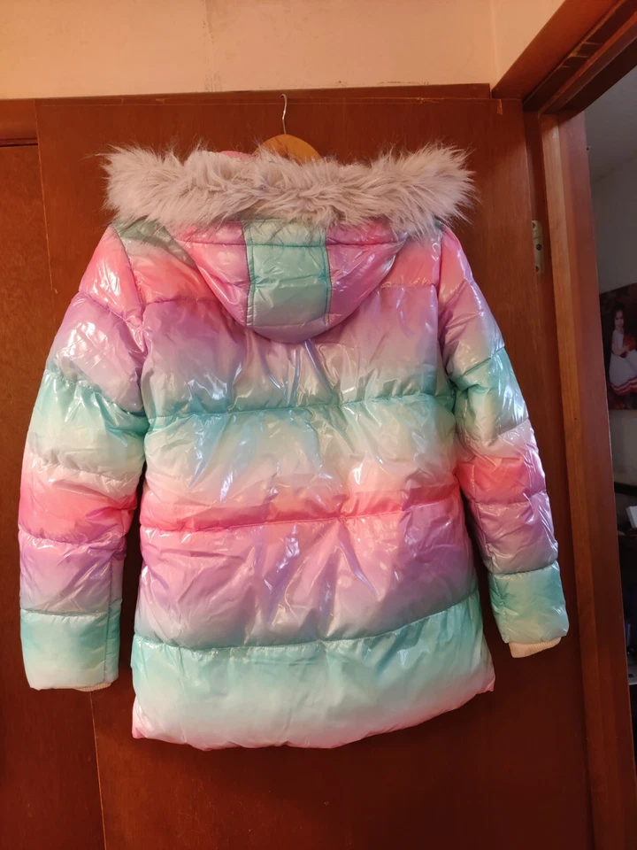Justice Girls Rainbow Pink & Blue Hooded Ski Jacket Winter Puffer Coat XL 16-18 - Image 2 of 4