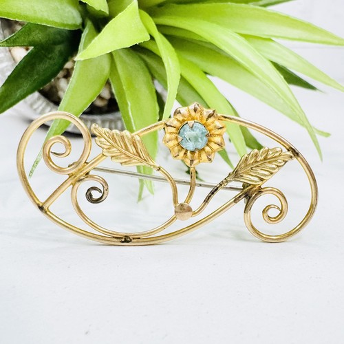 Vintage 50’s 12k GF Hobson Blue Rhinestone Flower Art Nouveau Filigree Brooch
