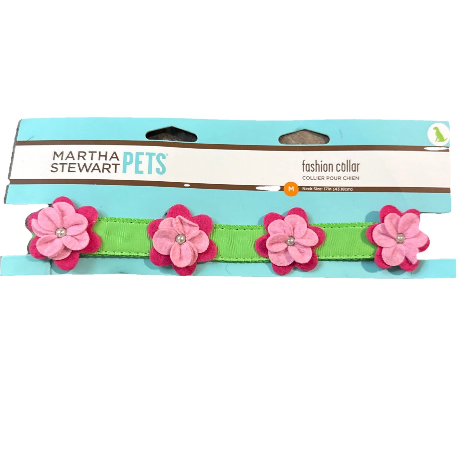 Martha Stewart Fashion Pets Green Dog Collar WPink Flowers M 17in & 6ft Leash