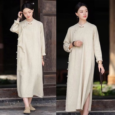 Chinese Style Retro Womens Loose Qipao Dress Long Sleeve Casual Cheongsam Dress