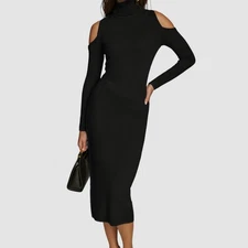 Donna Karan New York Women Black Mock-Neck Cold-Shoulder Dress Petite Size PL