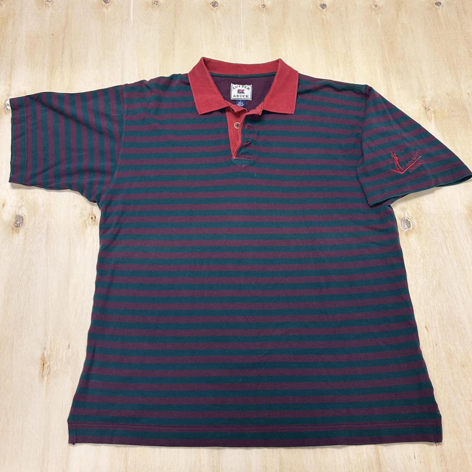 Vintage Cutter & Buck Polo Shirt Men Large Green Stripe Cotton Golf Short Sleeve