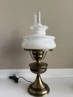 Vintage Brass Toned Hurricane Lamp W/Ruffled Milk Glass Shade 19”