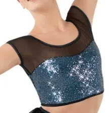 BALERA Short Sleeve Sequin Crop Top SQ8375 BLACK/BLUE Hologram Mesh SA S ADULT