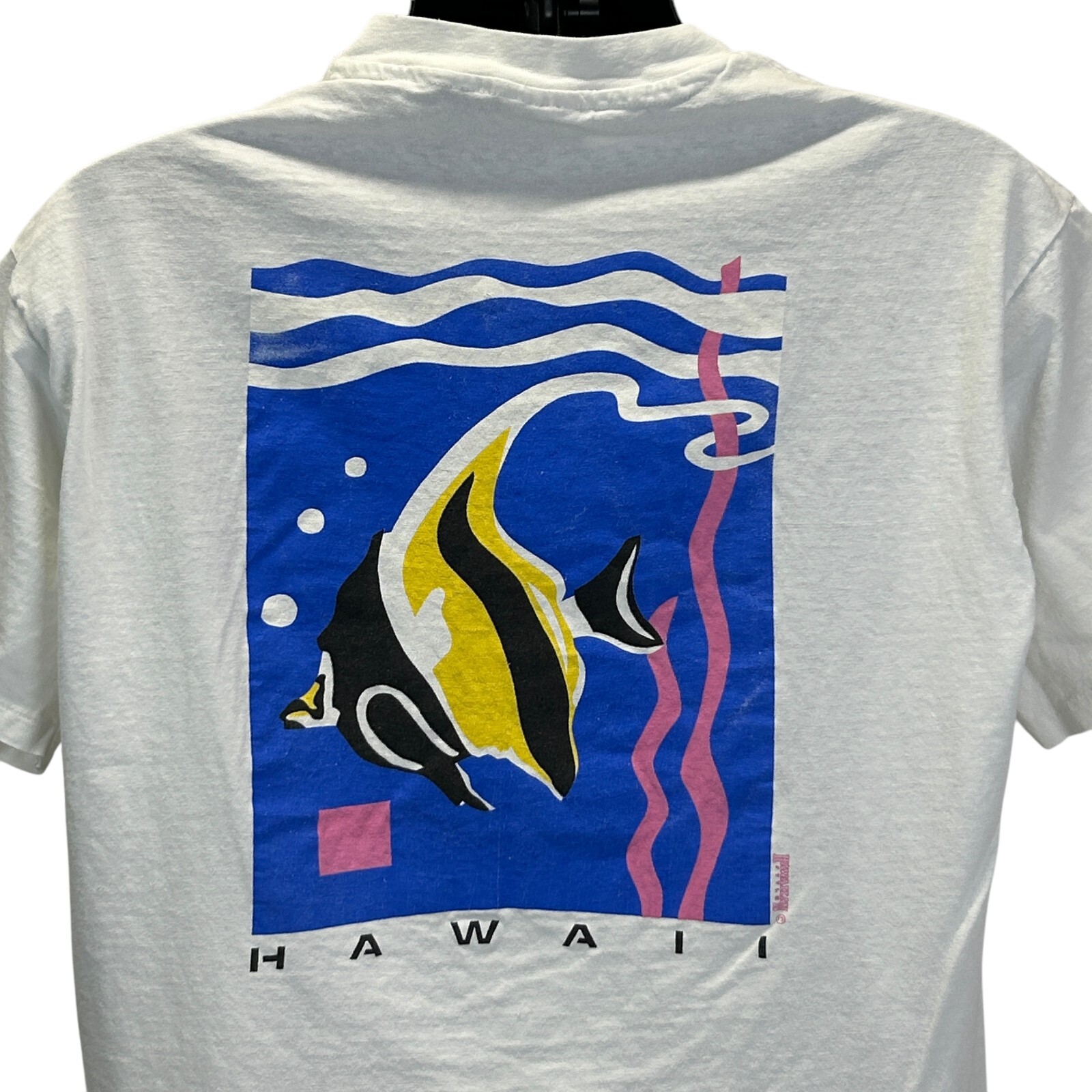 Vintage Hawaiian Style Fish Pocket T Shirt Mens Large Surfing Surfer 80s White