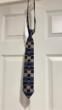 Boys silk zipper tie black, blue gold block pattern
