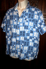 Nat Nast silk shirt L Tiki hawaiian bowling aloha blue white short sleeve resort