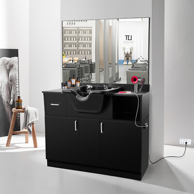 Pro Salon Backwash Sink Shampoo Bowl Station Beauty w/Mirror, Drawer, USB,P Trap