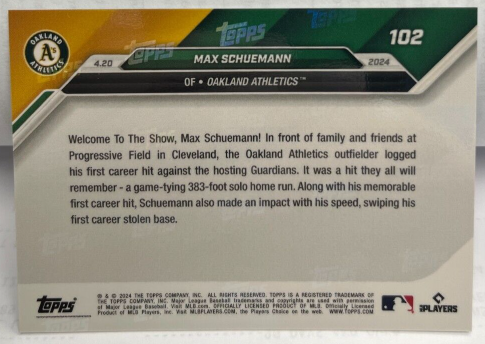 Max Schuemann 4/20/2024 Topps Now MLB 1st Hit HR RC #102 OAKLAND
