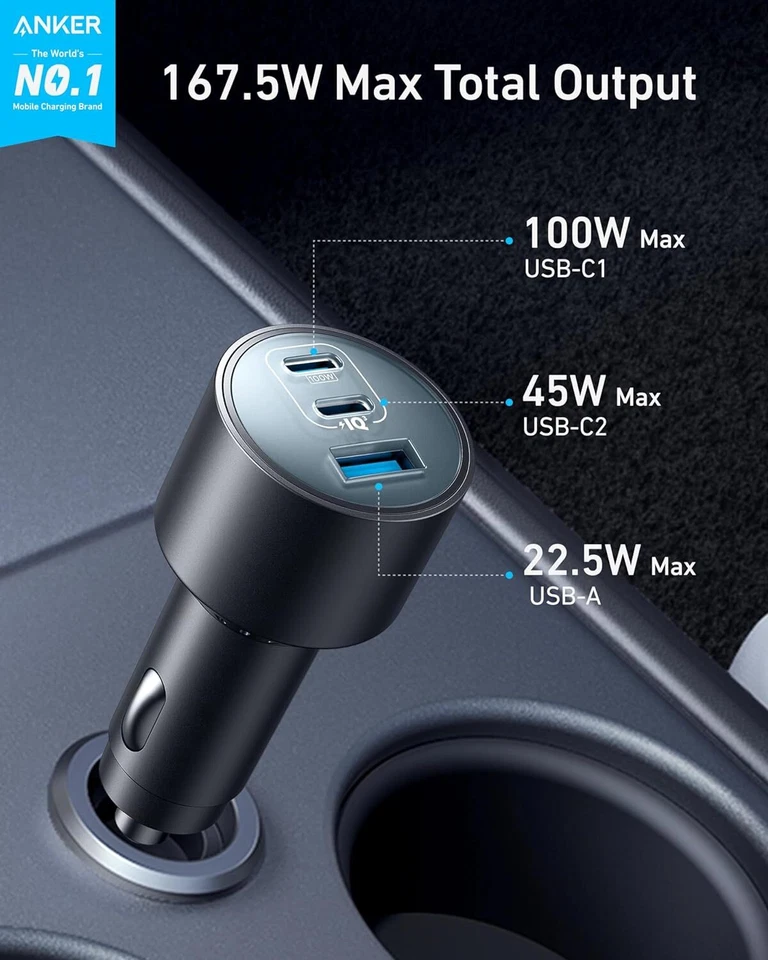 Anker USB-C Car Charger Adapter 167.5W 3-Port Fast Charging for iPhone 15MacBook - Image 2 of 4