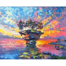 Lake Huron Oil Painting Michigan Impasto Original Art Tree Wall Art Sunset