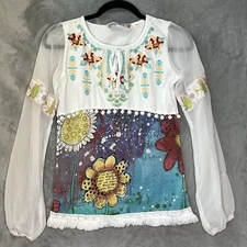 Savage Culture Floral Butterfly Embroidery Fringes Sheer Long Sleeves Artsy Sz S