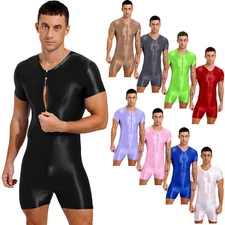 Mens Glossy Short Sleeve Zipper Front Gym Workout Undershirts Romper Jumpsuit