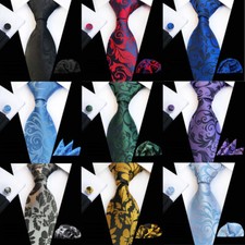 Men Business Floral Paisley Necktie Handkerchief Cufflinks Pocket Square Set