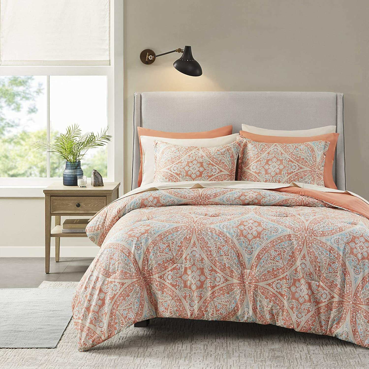 Coral Beige Blue Damask 9 pc Comforter 