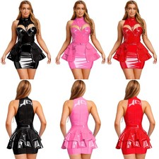 Women Outfits Hem Clubwear Tights Dress Skirt Set Party Glossy With Tiered Pu