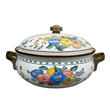 80s Dutch Oven Kamenstein Enamelware Cookware 3 Qts Pot Lid Brass Handles Floral