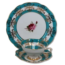 Royal Standard 2062 Tea Cup Saucer Dessert Plate Trio Teal bands Gold Lace Roses