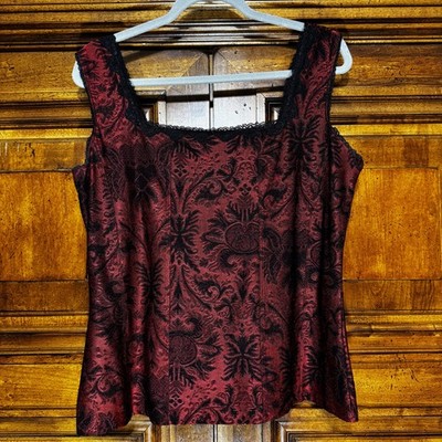 Coldwater Creek Tank Top Womens M Red Black Floral Jacquard Lace Trim Camisole