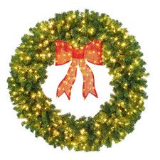 Artificial Christmas Wreath with Bow, Pre-Lit Winter Wreath with LED Light, I...