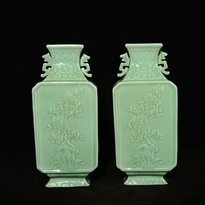 A Pair Nice Chinese Art Handmade Painting Monochrome Glaze Porcelain Plants Vase