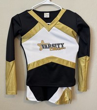 Cheer Uniform Set YL LS Shirt Skirt Black Gold White Costume Pom Preppy Varsity