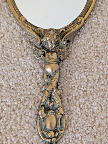 Antico specchio in bronzo tenuto a mano angeli vanità 12" x 5,25" bronzo - Foto 3 di 6