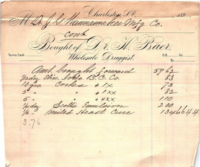 Charleston SC Wholesale Druggist Billhead - Medicines