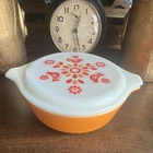 PYREX Orange Floral Glass Casserole Round With Lid Vintage Glossy