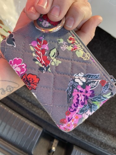 Vera Bradley Floral Fabric Women's ID Holder Key Ring Key Chain Wallet Gray