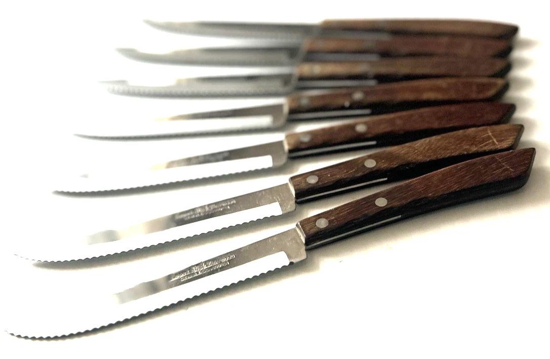 7 VtG 1960s REGENT SHERWOOD Stainless Serrated Steak Knives Wood Handle Japan