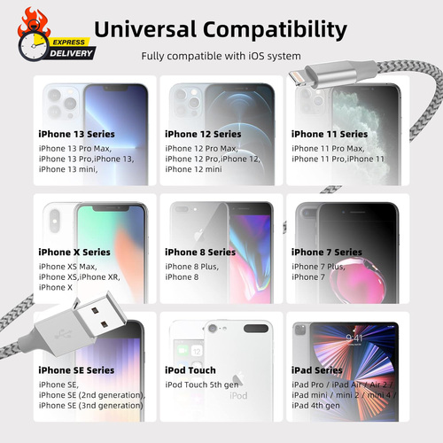 Iphone Charger 3 Pack 10 Ft Apple Mfi Certified Lightning Nylon Braided Cable Fa - Picture 7 of 12