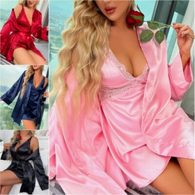 Womens Short Silk Robe with Nightdress Set Sexy Mini Babydoll Sleepwear Lingerie