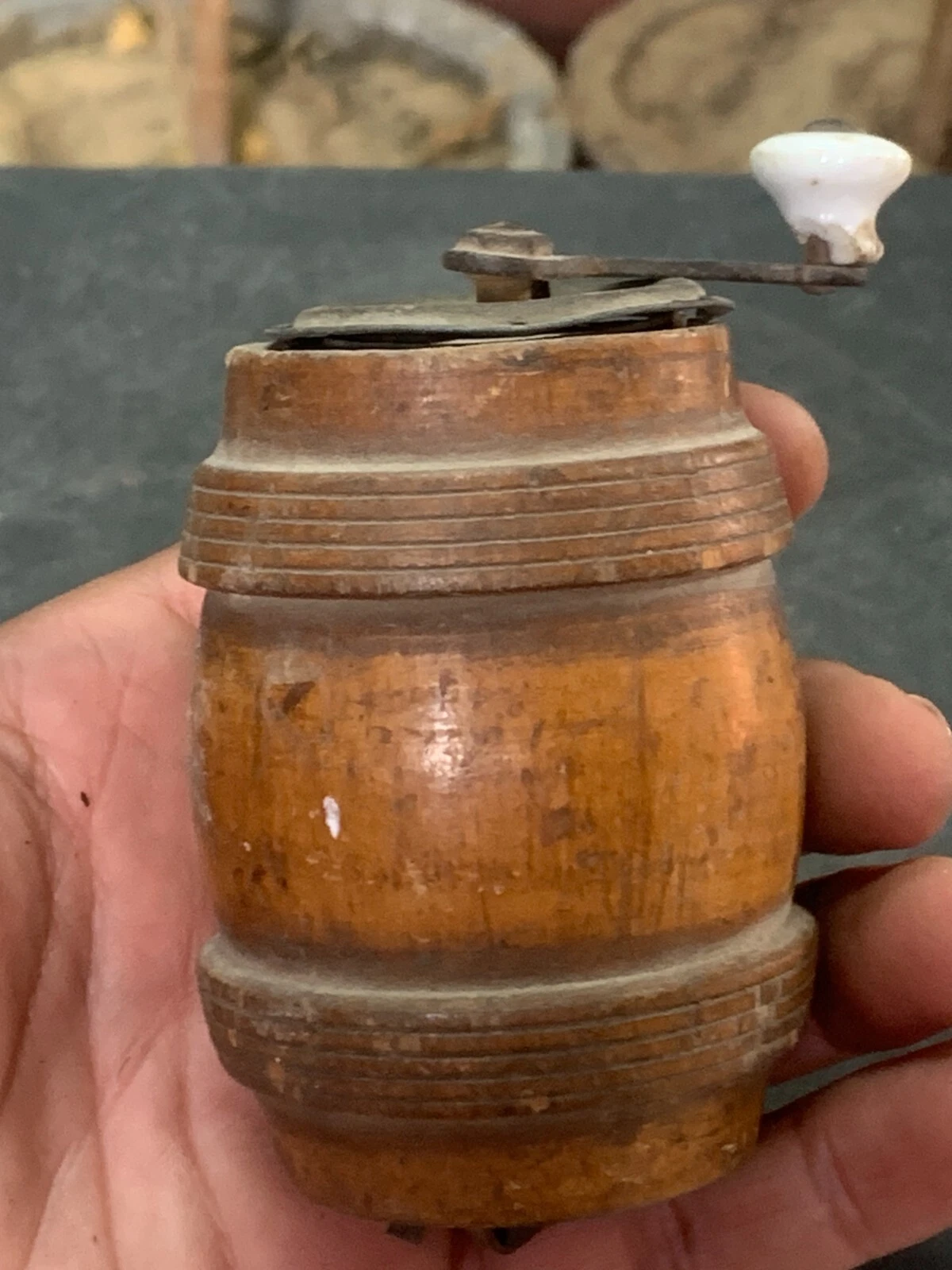 Vintage Old Wooden Spice Grinder Barrel Shape French Mechanical Pepper Grinder