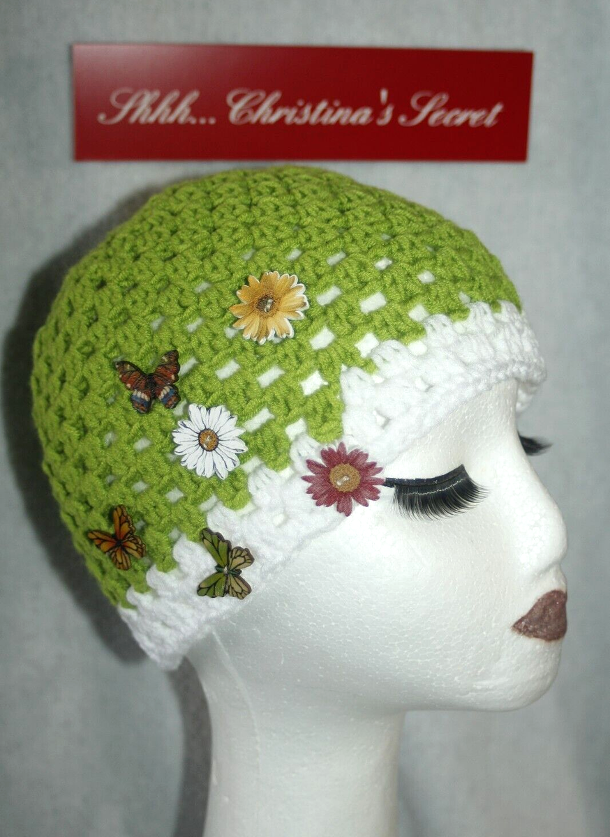 ハンドメイド NWT HANDMADE Hat Lime Green White Crochet Hippie Flowers