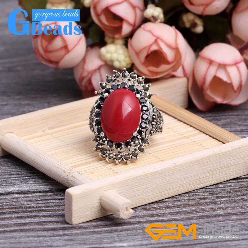 Anillo de marcasita de plata tibetana cuentas de piedra ovalada de arenisca azul joyería 20x30 mm Foto 4 de 4