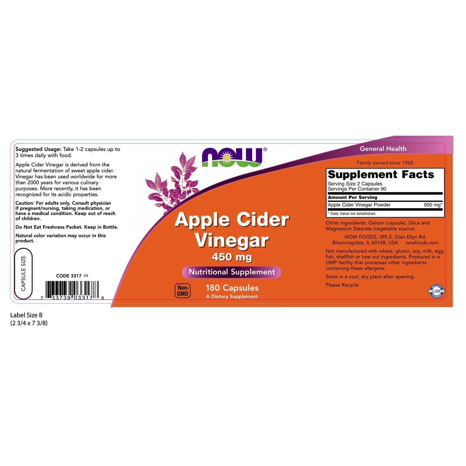 NOW Foods Apple Cider Vinegar 450mg 180 Capsules Alkalizing Weight