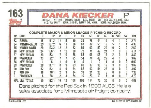 Dana Kiecker Boston Red Sox #103 - Topps casi nuevo-como nuevo 1992 - Imagen 2 de 2