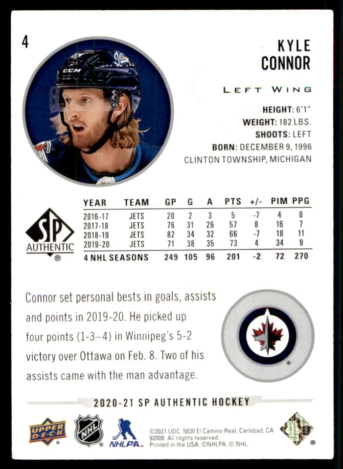 2020-21 SP Authentic Kyle Connor Winnipeg Jets #4 - Image 2 of 2