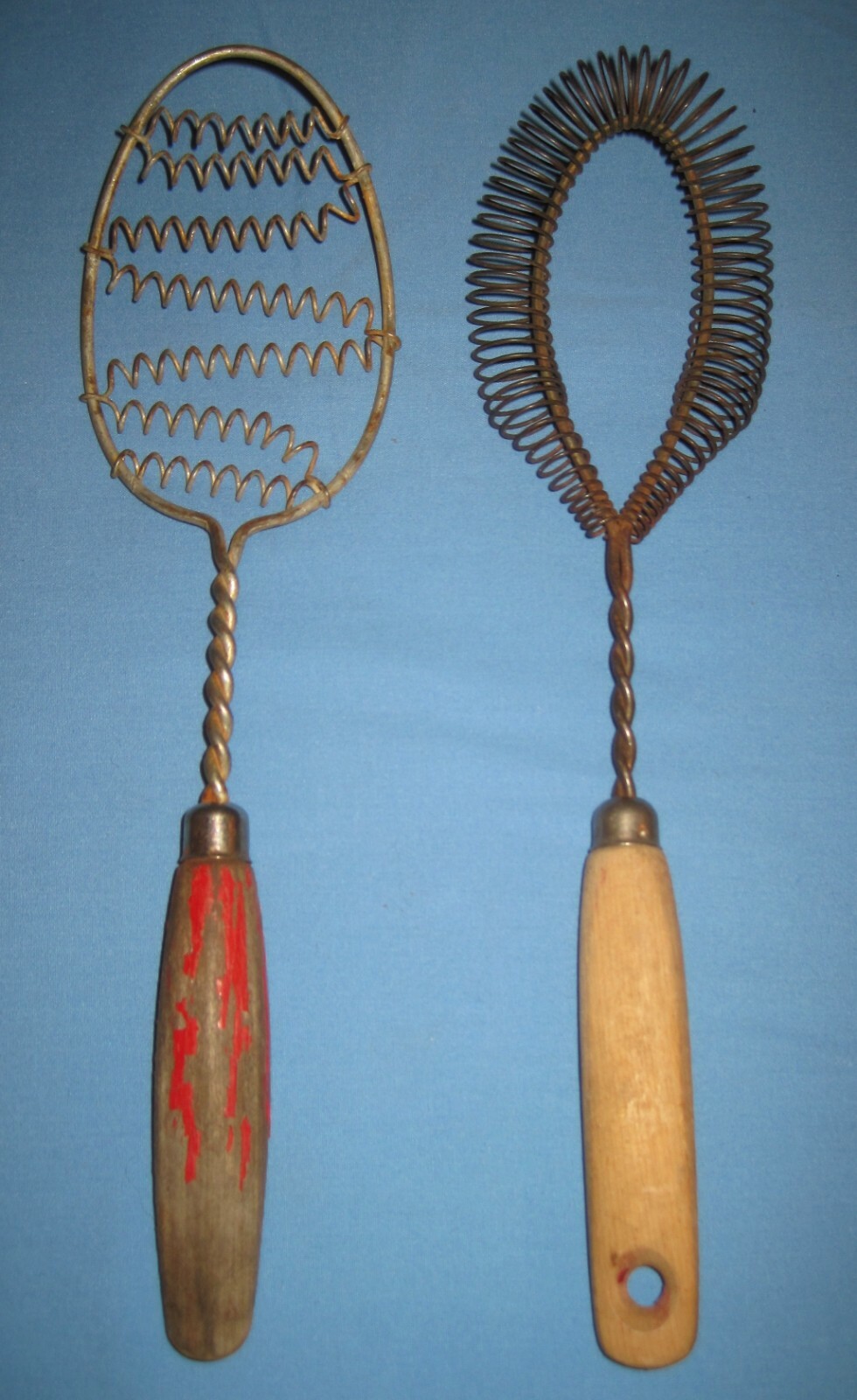 Vintage Lot 2 Antique Hand Mixer Wire Whip Whisk Primitive Wood Handles