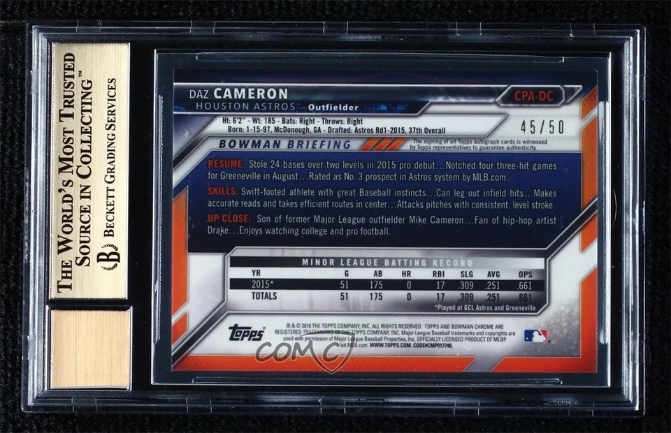 2016 Bowman Chrome Prospect Gold Refractor /50 Daz Cameron BGS 9.5 GEM MINT Auto - Image 2 of 2