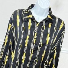 Hermes Paris Chain Belt Print Button Down Shirt Black Yellow Equestrian Top