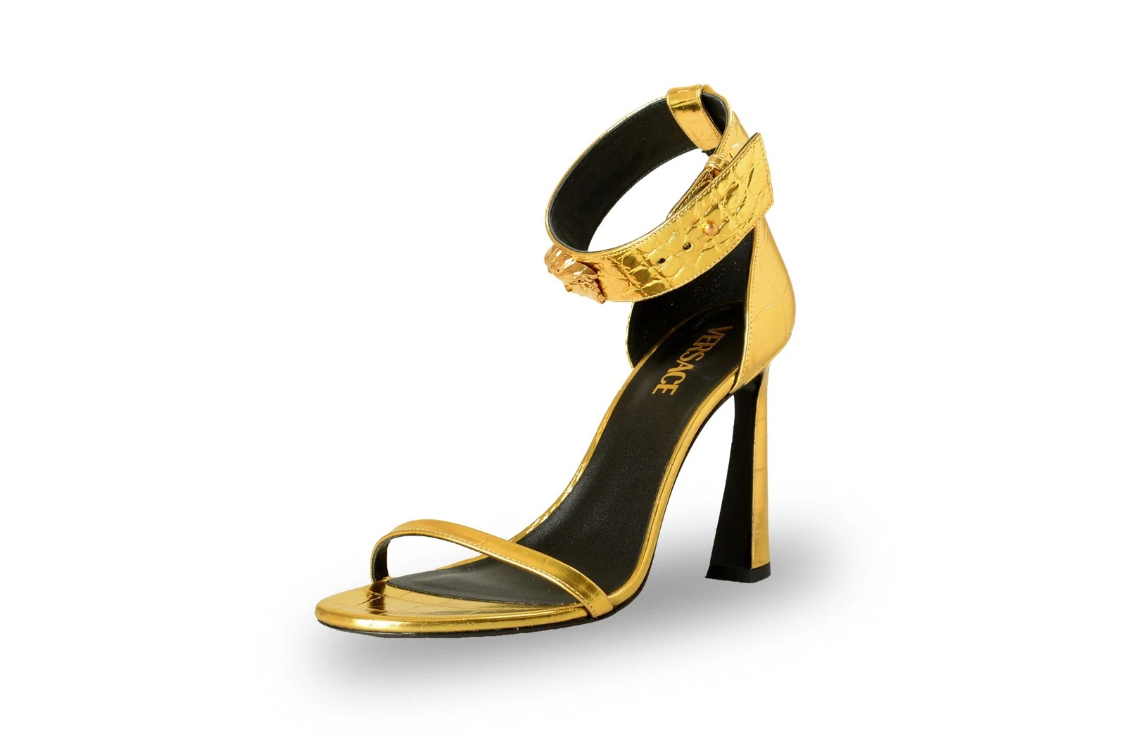 Versace — Versace Women's Gold 100% Leather Croc Print Sandals Shoes US 10 IT 40