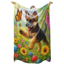 Cute German Shepherd Dog Flannel Blanket Playful Puppy with Butterfly and Flo...