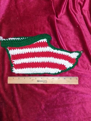 Vtg Handmade Crochet Christmas Stocking Granny Square Boho Retro Red White Green