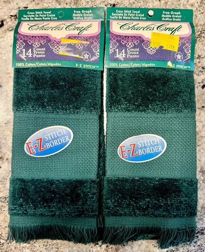 Lot of 2 Charles Craft Crosstitch Hand Towels 14 Ct Dark Green NWT
