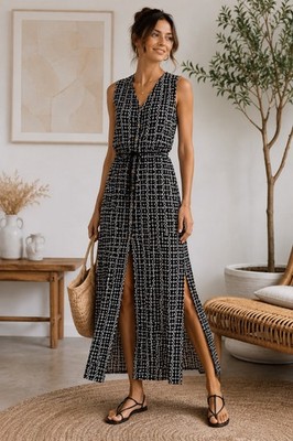 I.Code by IKKS Boho Maxi Dress Embroidered Side Slit Resort Vacation