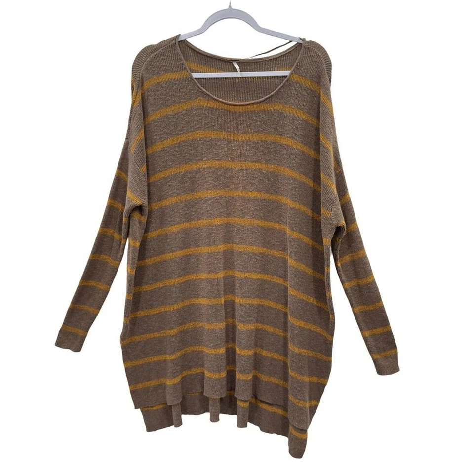 FREE PEOPLE Brown Yellow Stripe Pullover Tunic Oversized Knit Sweater Dress L - Image 3 of 4